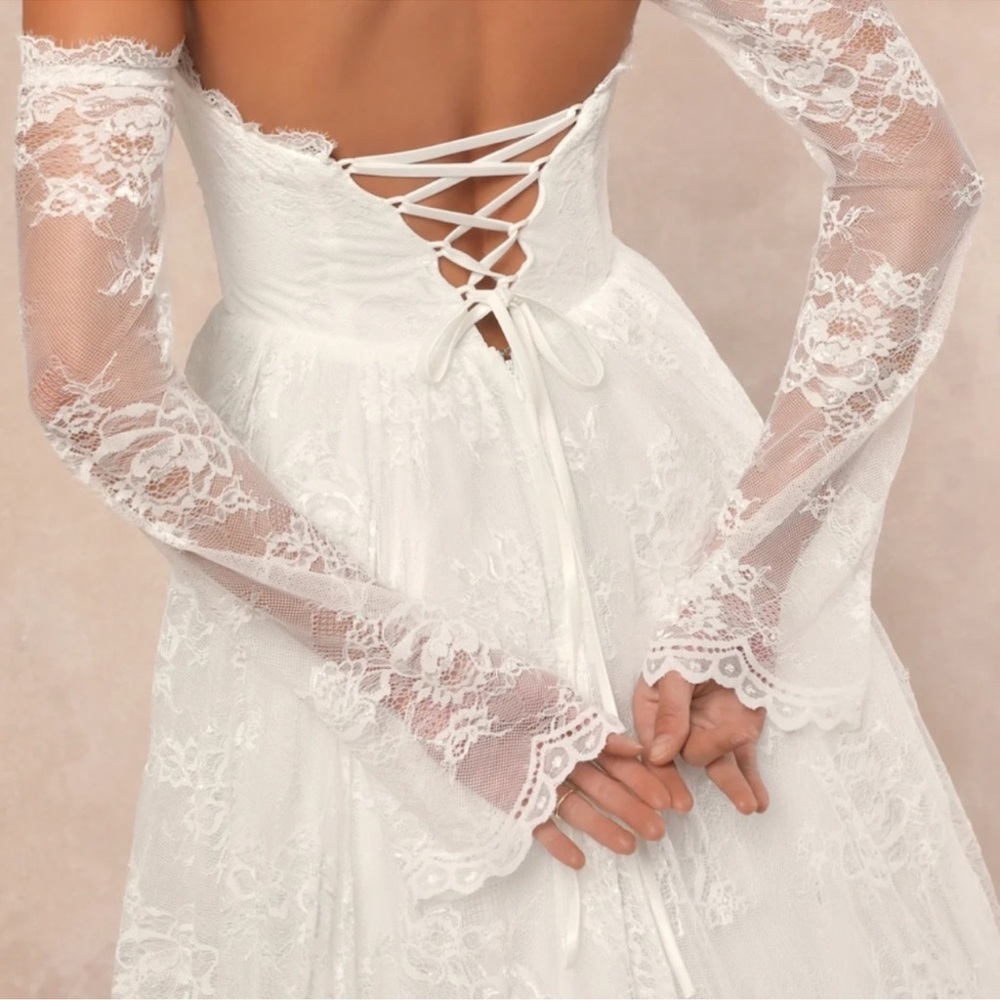 Lulu's Maurine White Lace Off-Shoulder Wedding Dress - Picture 2 of 4